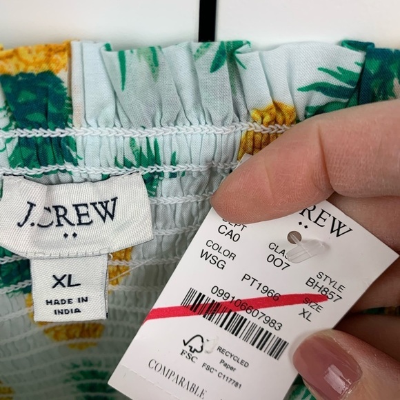 NWT J Crew Factory XL Smocked Tie Shoulder Pineapple Tropical Beach White Blouse - Picture 5 of 7
